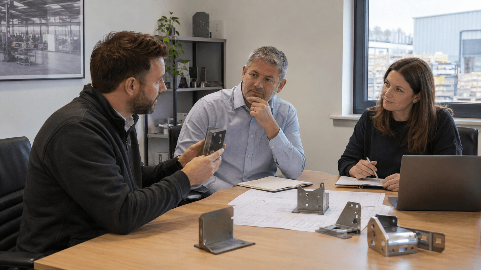 Discussing a metal fabrication project with a client