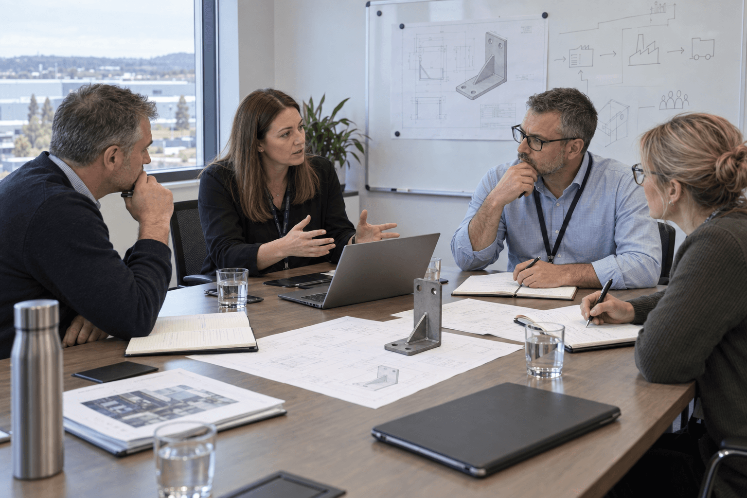 Procurement team reviewing a steel bracket sample and technical drawings for a volume manufacturing order.