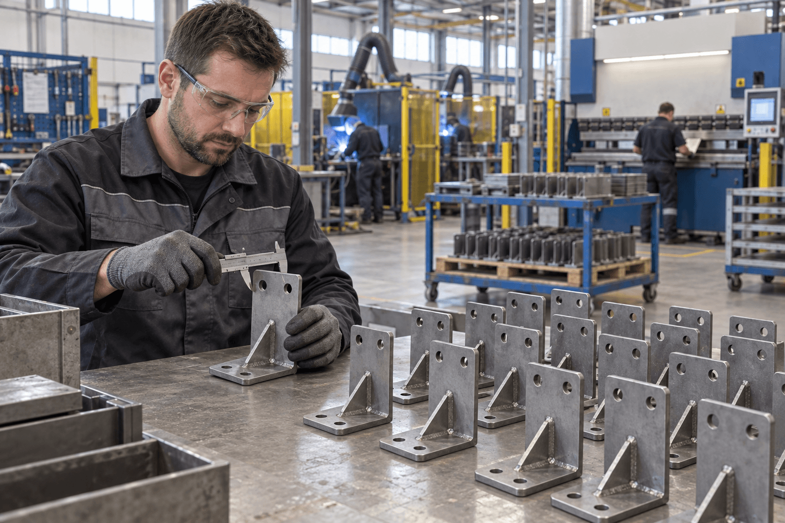 Technician inspecting welded steel brackets during batch production in a metal fabrication facility.