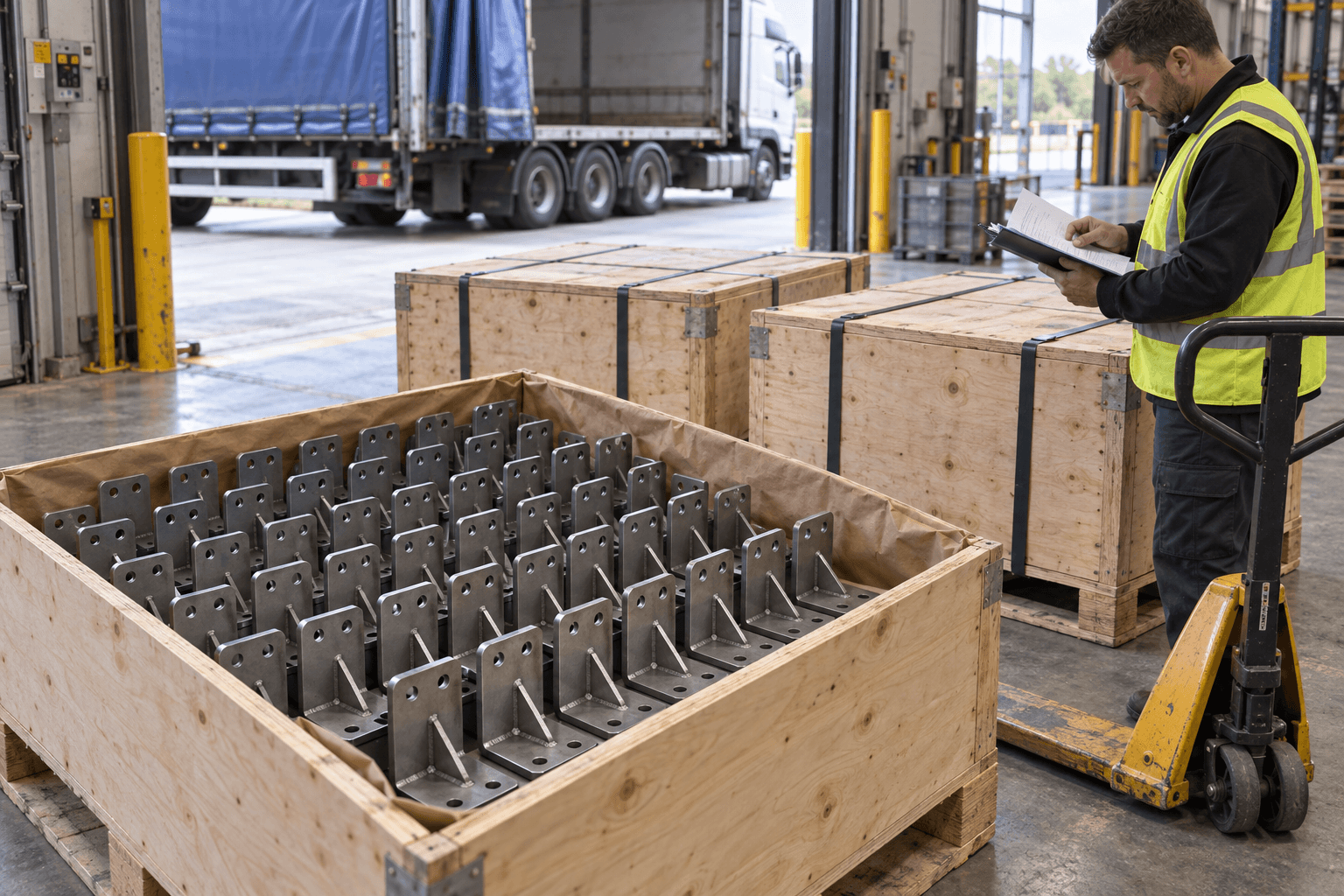 Bulk-packed steel brackets in wooden pallet crates at a customer's goods receiving bay.