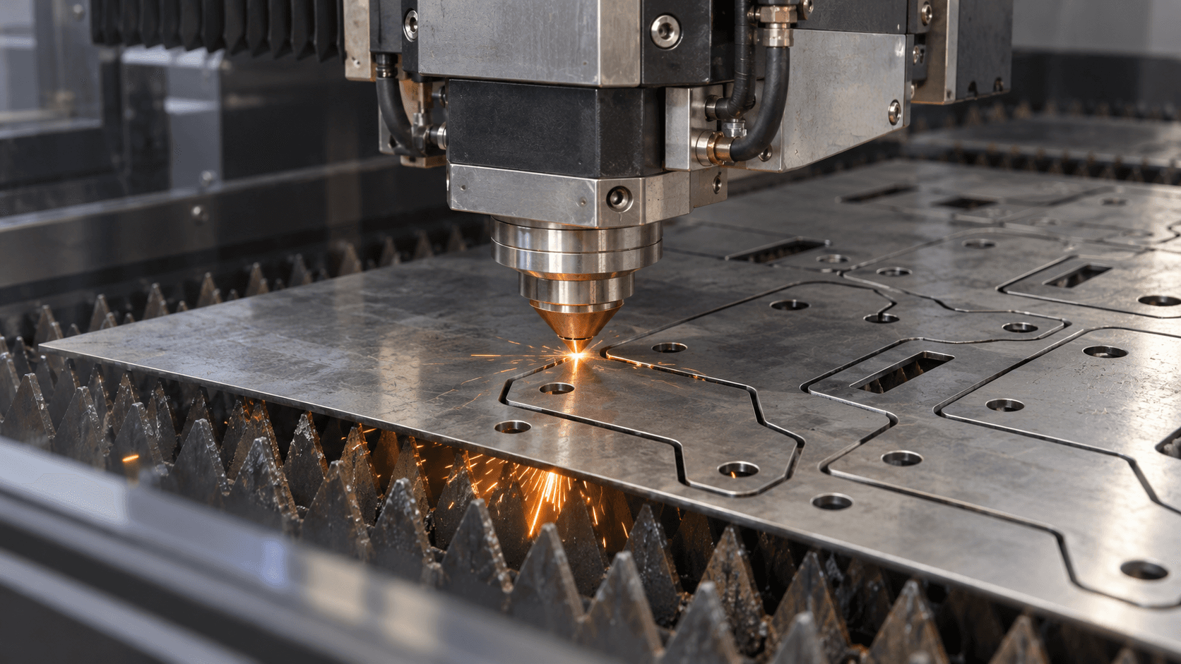 Laser cutting nested metal components from steel sheet.