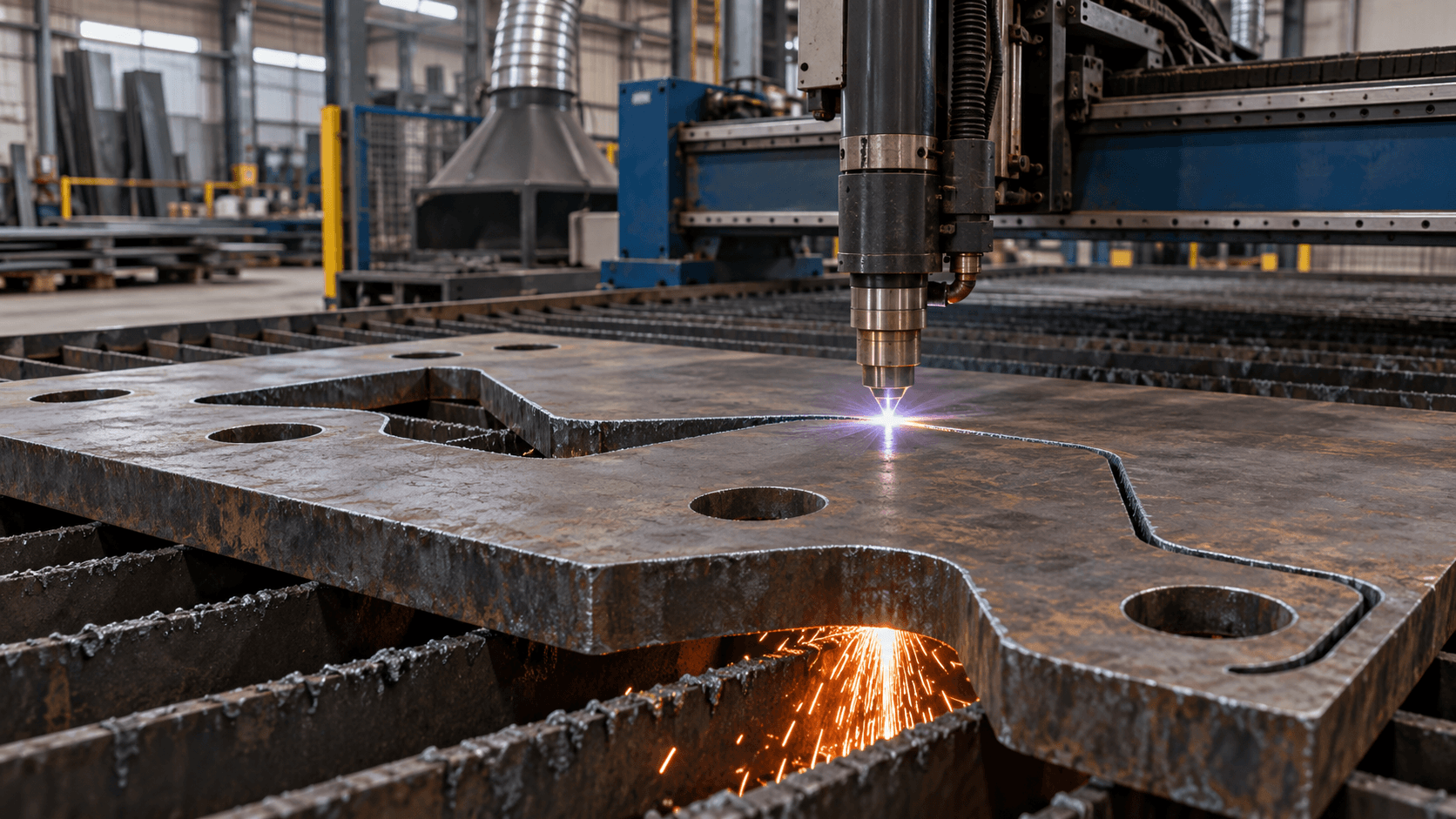 CNC plasma torch cutting a structural component from thick steel plate.