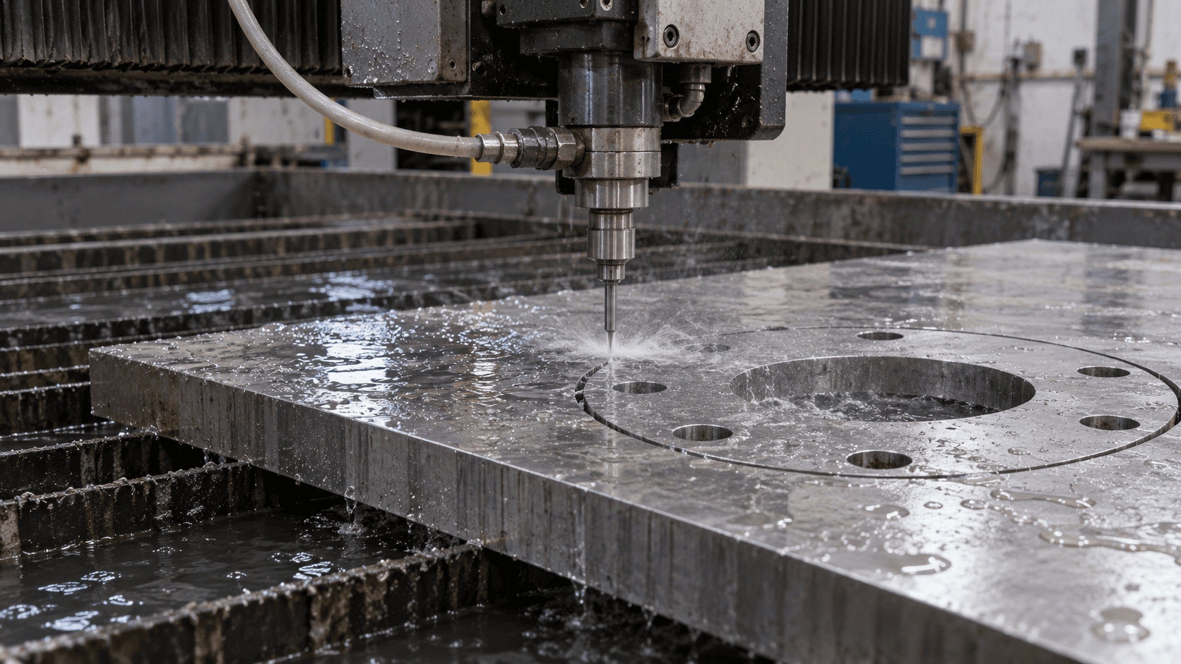 Abrasive waterjet cutting a flange profile from metal plate.