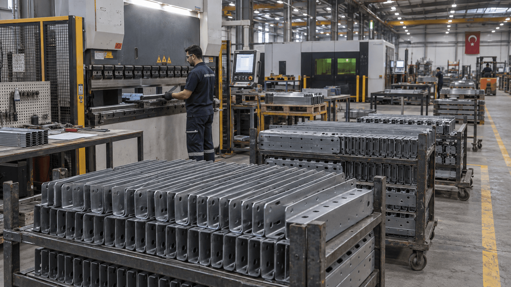 CNC press brake operator forming steel mounting brackets in a large Turkish metal fabrication facility, with batches of finished parts staged nearby.