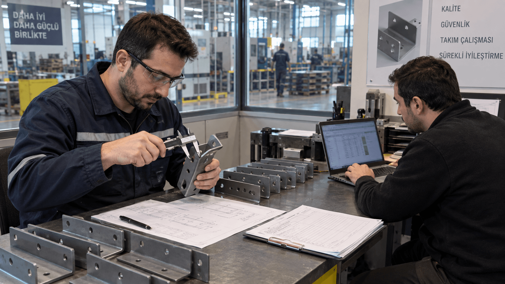 Engineers checking fabricated steel brackets against technical drawings with a caliper during in-process quality control.
