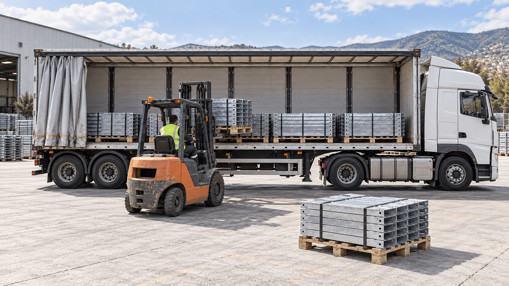 Palletised steel parts being loaded onto a curtain-sided freight truck for export shipment to the UK.