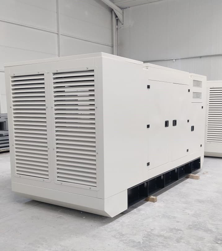 White powder-coated generator enclosure cabinet with louvered access panels
