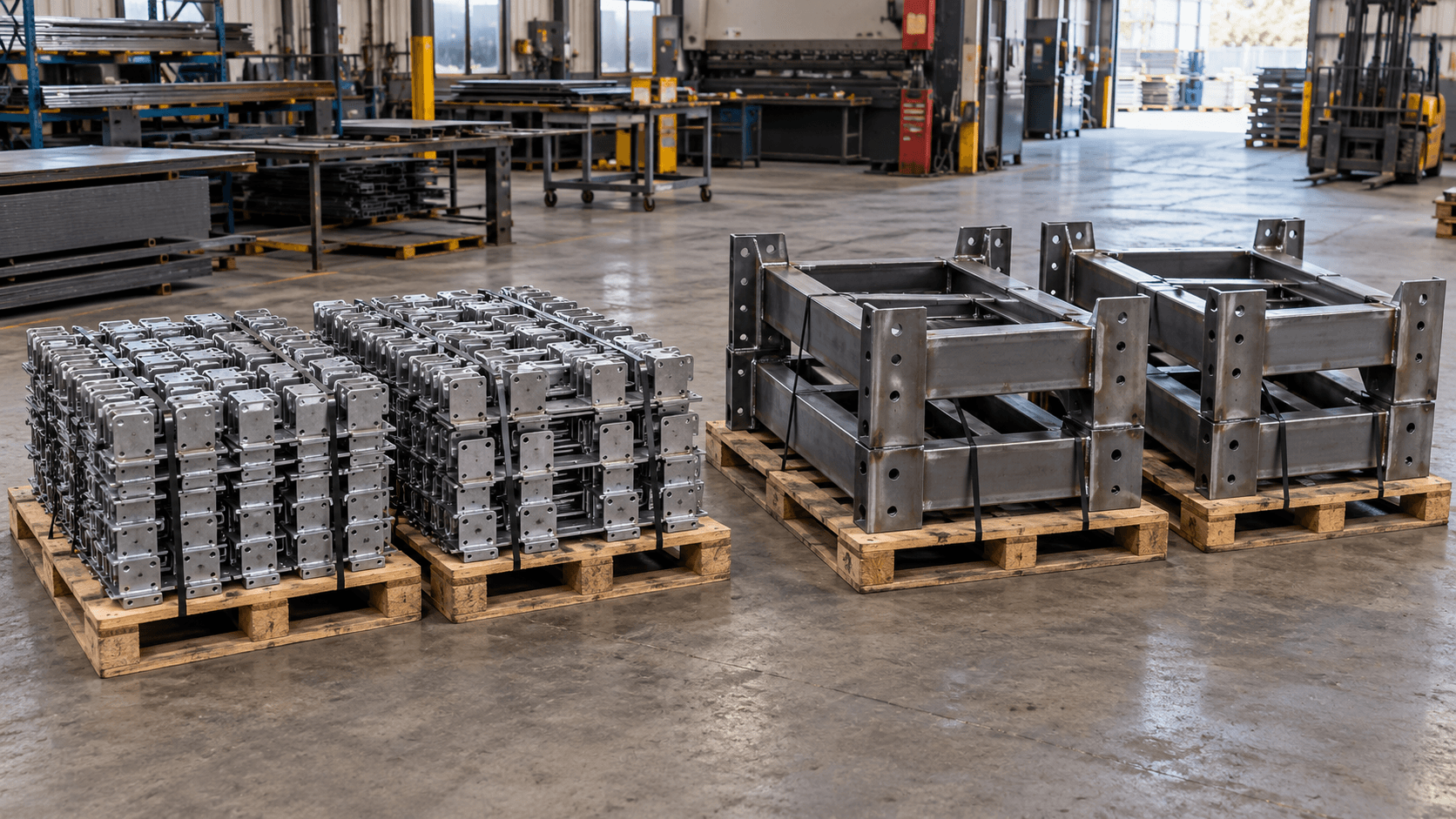 Small metal brackets and larger welded frames arranged on similarly sized pallets.